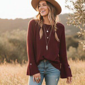 Isela M Burgundy Bell Sleeve Sweater Boho Cozy Comfy Cabin Rustic Whimsigoth